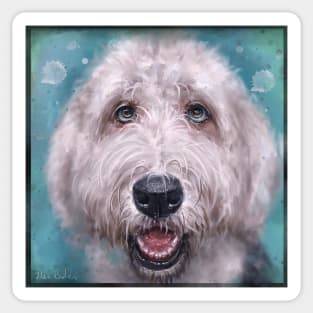 Painting of an Old English Sheep Dog on Blue Background Sticker